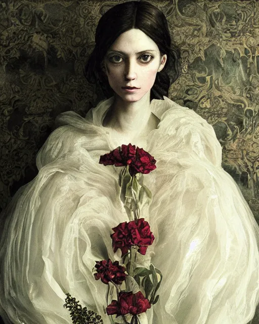 Image similar to a beautiful and eerie baroque painting of a beautiful but serious woman in layers of fear, with haunted eyes and dark hair piled on her head, 1 9 7 0 s, seventies, floral wallpaper, wilted flowers, morning light showing injuries, a little blood, delicate ex embellishments, painterly, offset printing technique