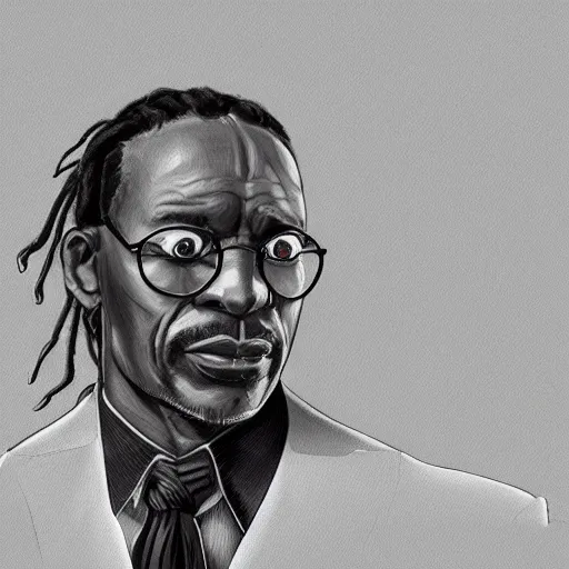 Image similar to a portrait of a muscular older black man with dreads and a suit with a monocle on, D&D, sci-fi, elegant, hopeful, muscular, highly detailed, digital painting, artstation, concept art, smooth, sharp focus, illustration