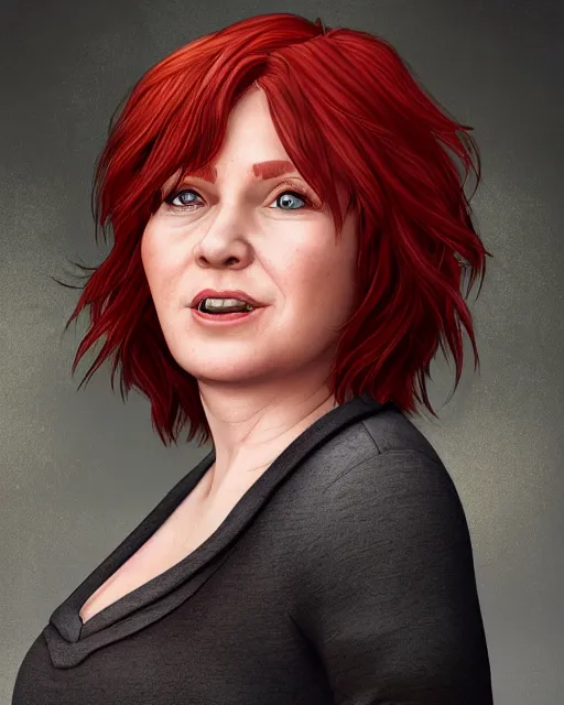 Image similar to portrait of happy short and plump 5 0 - year - old woman with red hair and, kind face, short hair, wearing in blouse, hyper realistic face, beautiful eyes, character art, art by mark brooks, hyperdetailed, cryengine, trending on artstation, digital art