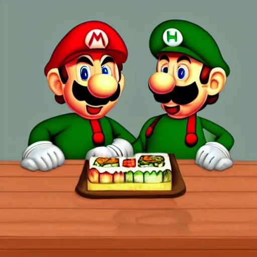 Image similar to “ mario and luigi in a drab cafe in style of godfather ”