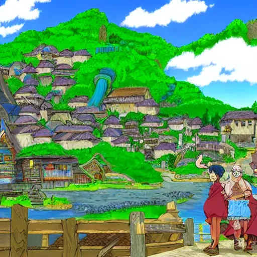 Prompt: village by a river in the style of Eiichiro Oda