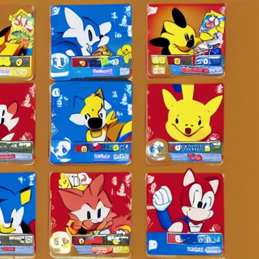 Image similar to photograph of winnie the pooh and super mario and sonic the hedgehog anime style, on pokemon card packs at target