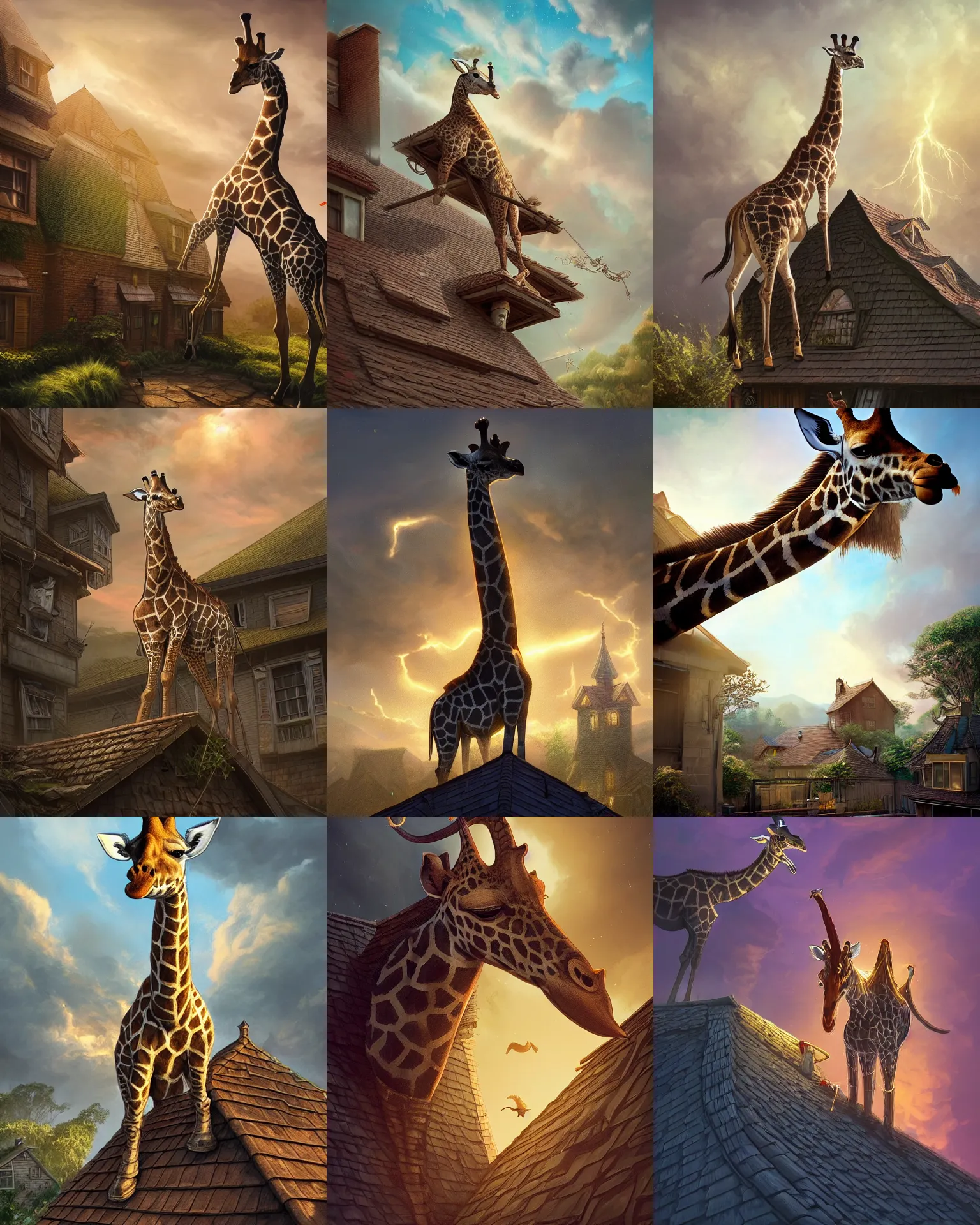 Prompt: kids fantasy sketch a giraffe on a house roof, fantasy, intricate, epic lighting, cinematic composition, hyper realistic, 8 k resolution, unreal engine 5, by artgerm, tooth wu, dan mumford, beeple, wlop, rossdraws, james jean, marc simonetti, artstation