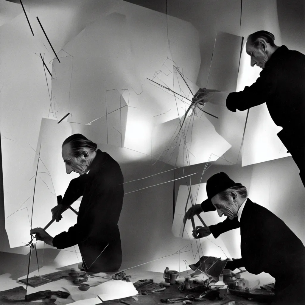 Image similar to a long exposure shot of Marcel Duchamp working on a readymade object, archival pigment print