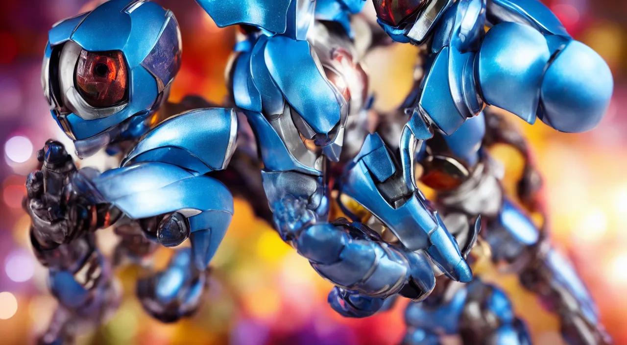 Image similar to medium close up view, Megamen,Guyver,colourful,bokeh,blur,cinematic lighting