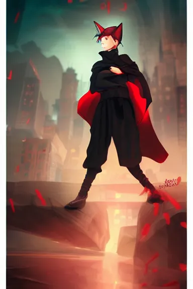 Image similar to little boy with cat ears in an black outfit with red cape. digital artwork made by lois van baarle and kentaro miura, sharpness focus, inspired by hirohiko araki, anatomically correct, heroic composition, hero pose, smooth, night cyberpunk city