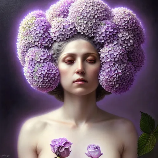 Image similar to a lilac hair beautiful goddess of light, hydrangeas flowers, soft rose, and dried petals, painterly, methaphoric and ornamental, intricate and elegant, highly detailed photorealistic painting, decorative lines, sharp focus, 8 k, by tomasz alen kopera, h 7 2 4