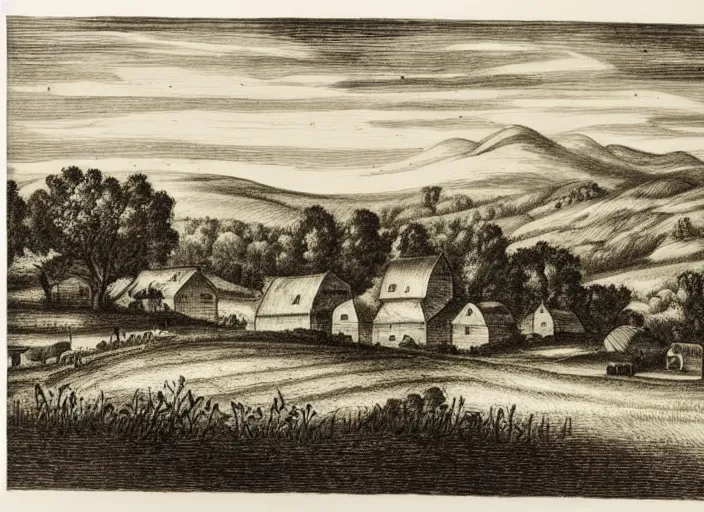 Image similar to a beautiful engraving print on paper of rural landscape with a farm
