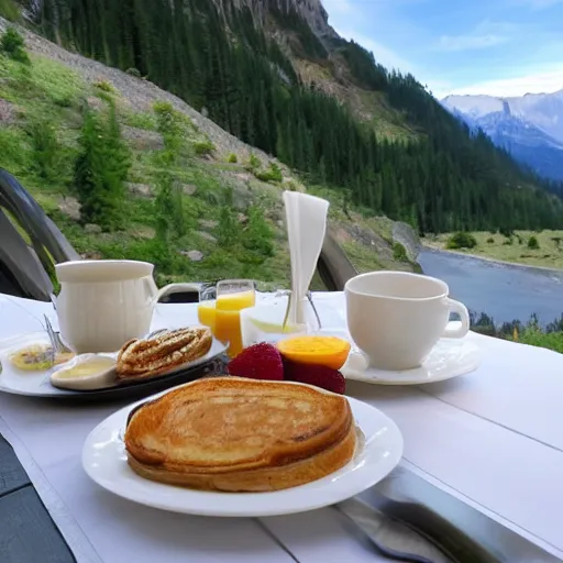 Prompt: beautiful breakfast with mountain view