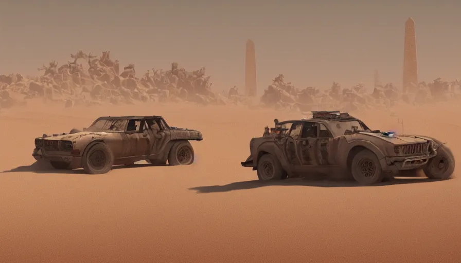 Prompt: washington dc in mad max, tons of sand, sandstorm, sand dunes, hyperdetailed, artstation, cgsociety, 8 k