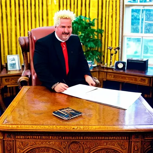 Prompt: President Guy Fieri at his desk in the white house Oval Office, business suit, signing bill, cinematic, kodak 2383 film