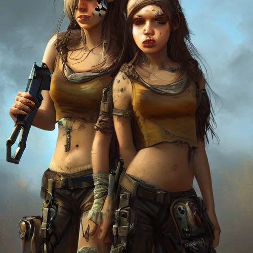 Prompt: beautiful Gorgon Sisters, long hair, hazel eyes, cute freckles, full round face, short smile, golden hour, post apocalyptic setting, medium shot, mid-shot, highly detailed, trending on Artstation, Unreal Engine 4k