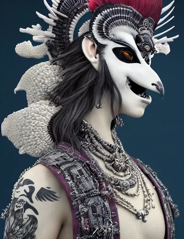 Image similar to 3 d goddess close - up profile simple portrait punk with mohawk with ram skull. beautiful intricately detailed japanese crow kitsune mask and clasical japanese kimono. betta fish, jellyfish phoenix, bio luminescent, plasma, ice, water, wind, creature, artwork by tooth wu and wlop and beeple and greg rutkowski