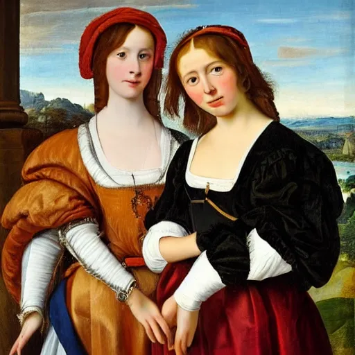 Image similar to oil painting of young ladies in the style of renaissance, dutch golden age