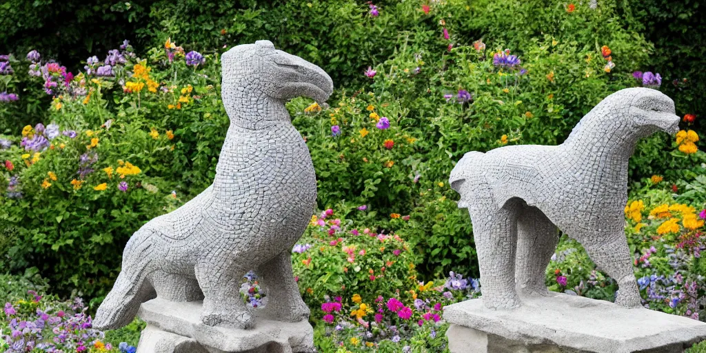 Image similar to extremely detailed carved concrete statue, pebble mosaic, of a griffin, in an english cottage style flower garden