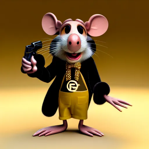 Image similar to 3d anthropomorphic rat, disney pixar, holding pistol, velvet, fur coat, high quality, golden necklace, fendi, high fashion