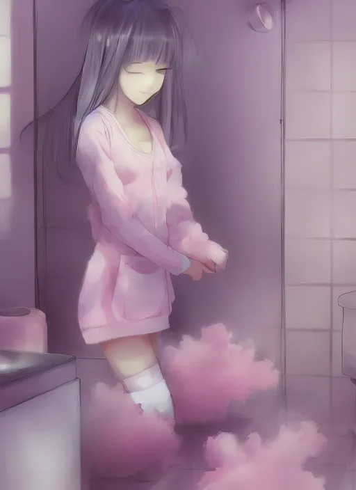 Prompt: placid pastel morning cute cluttered painterly fluffy tiny cramped bathroom trending on pixiv