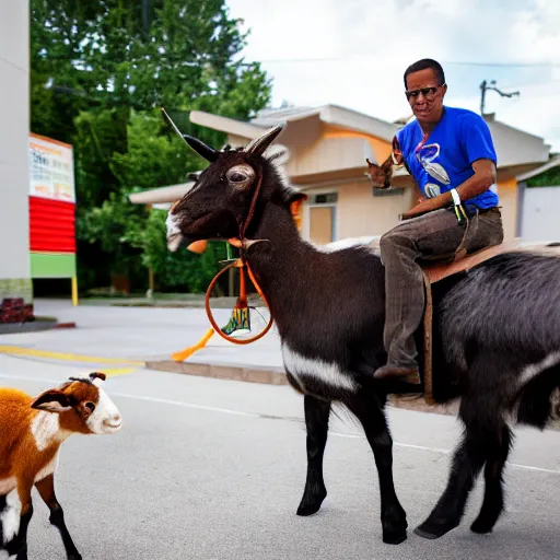 Image similar to Photo of Gus Fring riding his pet goat through the McDonald's drive thru, taken with Canon EOS 5D.