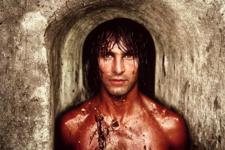 Prompt: a closeup cinematic!! headshot photograph!! of a male wearing a ripped shirt, stood in a tunnel, rain, dirt, film still, cinematic lighting, by bill henson