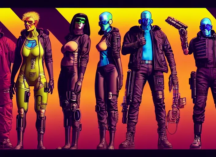 Prompt: cyberpunk hazmat assault squad. portrait by stonehouse and mœbius and will eisner and gil elvgren and pixar. character design. realistic proportions. cyberpunk 2 0 7 7 character art, blade runner 2 0 4 9 concept art. cel shading. attractive face. thick lines. the team. diverse characters. shadowrun. artstationhq.