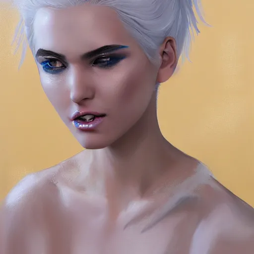 Prompt: a painting of a woman with white hair, white and gold clothes, a character portrait by pogus caesar, featured on cgsociety, photorealism, detailed painting, artstation hd, ultra detailed