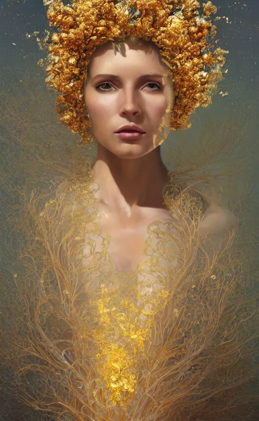 Image similar to a gold mucha oil painting hyperrealism of a beautiful woman on a white background, flowers, in a gold robe, floral headdress, 8 k resolution, octane render, trending on artstation, by gediminas pranckevicius, volumetric light 2 blue fractal thunder glow by dan mumford, anaglyph effect, laurie lipton