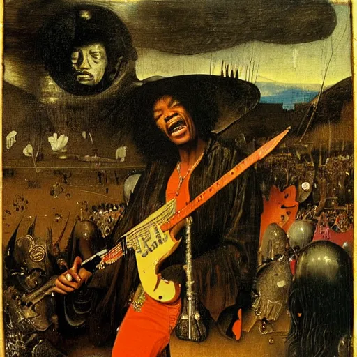 Image similar to jimy hendrix at woodstock by hieronymus bosch