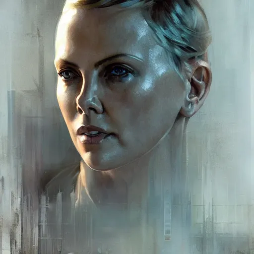 Image similar to charlize theron, hyperrealistic portrait, bladerunner street, art of elysium by jeremy mann and alphonse mucha, fantasy art, photo realistic, dynamic lighting, artstation, poster, volumetric lighting, very detailed face, 4 k, award winning