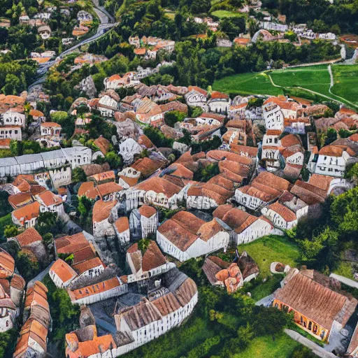 Prompt: drone photo of a medieval town