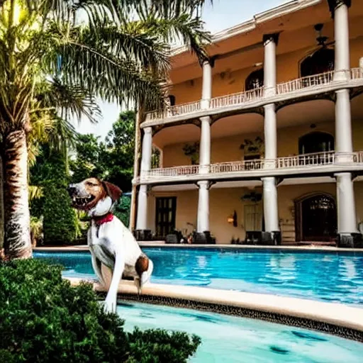 Image similar to a very detailed photo of a dog ( smoking a cigar ) outside the mansion by the pool