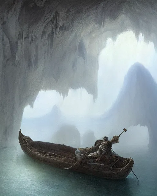 Prompt: painting of a man in a boat in a cave, a detailed matte painting by john howe, cgsociety, fantasy art, matte painting, lovecraftian horror, fantasy