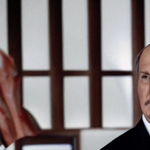 Image similar to Alexander Lukashenko as the American Psycho, cinematic still