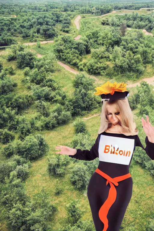 Image similar to woman in a bitcoin costume, posing in liberland, photo by annie liebovitz