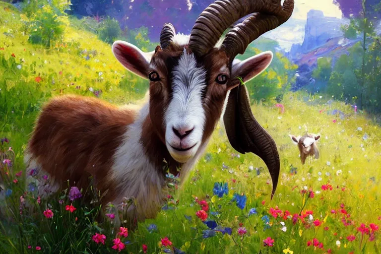 Image similar to cute goat with huge googley eyes eyes looks intensely into the camera, marijuana trees, multicolored weed leaves, dynamic lighting, landscape, artwork by jeremy lipkin and giuseppe dangelico pino and michael garmash and rob rey and greg manchess and huang guangjian and makoto shinkai, pixiv, 1 0 0 mm
