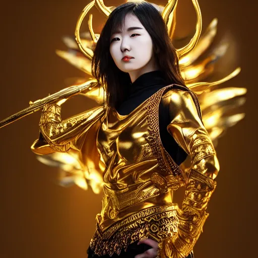 Prompt: defiant young korean attractive woman in golden see through warrior outfit with golden ornaments on arms and body : photograph realistic 3 / 4 view of body