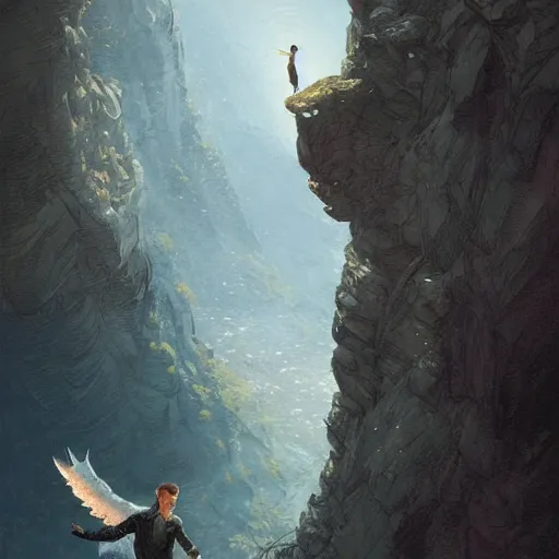 Image similar to angel protecting man falling from a cliff, detailed intricate ink illustration, happy atmosphere, detailed illustration, hd, 4k, digital art, overdetailed art, by greg rutkowski, by loish, complementing colors, Trending on artstation, movie poster style