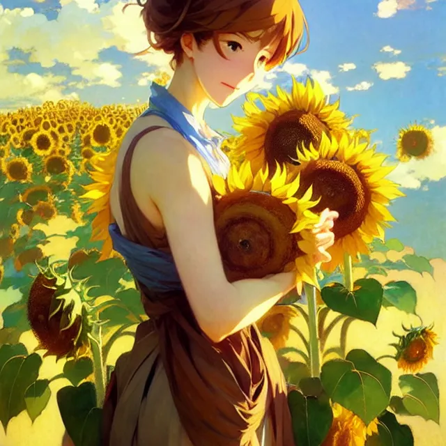 Image similar to beautiful sunflower anime girl, krenz cushart, mucha, ghibli, by joaquin sorolla rhads leyendecker, by ohara koson