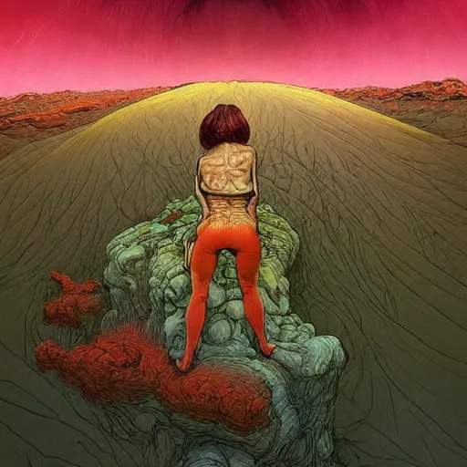 Image similar to woman having stomach ache, in mountain. sending pain into portals, electro magnetic storm over mountain desert. by josan gonzales, highly detailed, vivid color, beksinski painting, junji ito, aleksandra waliszewska, part by genieve figgis, part by norman rockwell