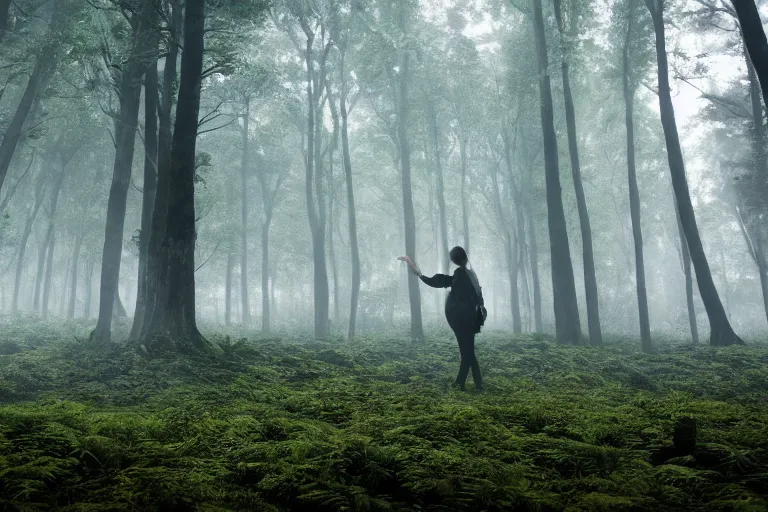 Image similar to a tourist visiting a complex organic fractal sphere floating in a lush forest, foggy, cinematic shot, photo still from movie by denis villeneuve