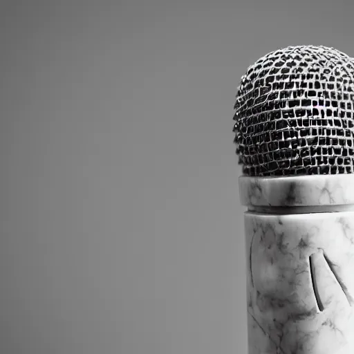 Prompt: an ancient sculpture of a microphone in white marble, close up photo, museum, ultra realistic, studio photo, bokeh, detailed.