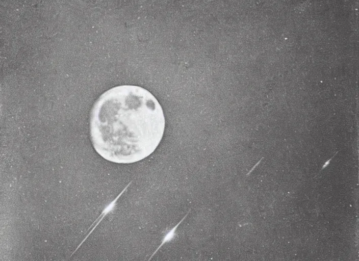 Image similar to vintage photo still of the moon!!!! exploding!!!! exploding moon moon explosion fragments on one side moon rupture moon exploding moon explosion over new york city in the 1 9 2 0 s, black and white, weathered, edge vignette, explosion in the sky, moon exploding