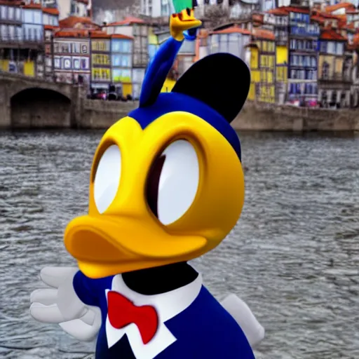 Image similar to donald duck in porto, real life, photorealistic, 3 d