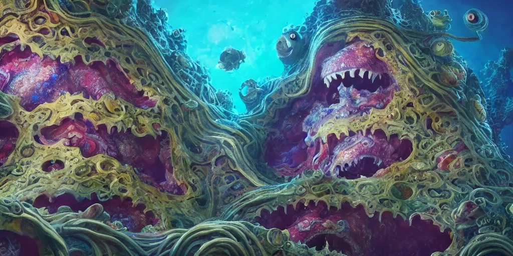 Image similar to of an intricate sea reef with strange cute friendly happy creatures with huge eyes, mouth, long tongue, round teeth and goofy face, appearing from the background, in the style of gehry and gaudi, macro lens, shallow depth of field, ultra detailed, digital painting, trending artstation, concept art, illustration, cinematic lighting, photorealism, epic, octane render