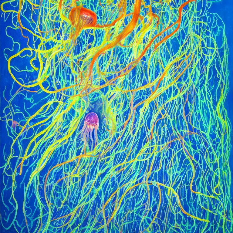 Image similar to Hyperrealistic intensely colored studio Photograph portrait of a deep sea psychedelic bioluminescent jellyfish deep underwater in darkness long exposure, award-winning nature deep sea expressionistic impasto heavy brushstrokes oil painting by Fabian Marcaccio and Jean Dubuffet and Audubon vivid colors hyperrealism 8k
