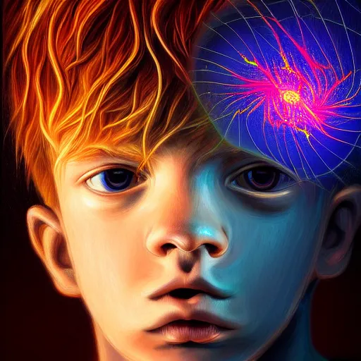 Image similar to powerful eyes glowing highly detailed painting of deep sadness alone, young blonde boy spiritual portrait, fractal electricity surrounding him, expressive emotional sadness piece, trending on art station, abstract emotional sadness expression, very very very beautiful, fantasy digital art, visionary art, magical fantasy 2 d concept art