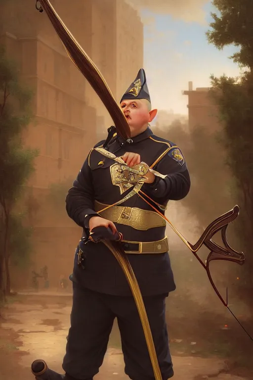 Image similar to a shifty fat high elf mall cop with a sheriff's badge holding a bow and arrow, Oil Painting, hyperrealistic, Detailed Digital Art, RPG portrait, 3/4 bust, William-Adolphe Bouguereau, Michael Cheval, dynamic lighting, Highly Detailed, Cinematic Lighting, 8k, HD