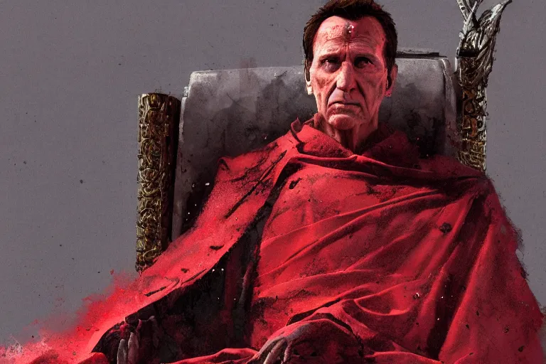 Prompt: the end is near. a tired julius caesar is sitting on his throne. face is highly detailed. splices of red are running down his toga. mist. color scheme red. low angle medium shot. imagined by greg rutkowski and craig mullins