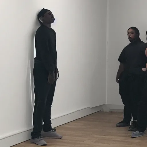 Image similar to suspects lineup in front of white wall facing the camera