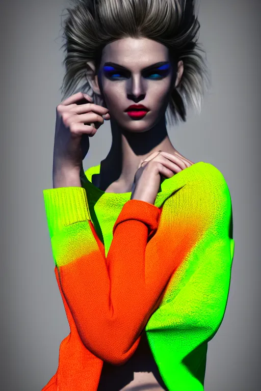 Image similar to stylish pullover for a rave bright colors, many details, photo for a magazine, photo for a store, fashion photography, Vogue, cinematic, hyper realism, high detail, octane render, 8k, very coherent symmetrical work, perfect face model, full length photo, Upper and lower body,Soft shadows on the face, white eyes, photographer style by Nik Night Erik Madigan Hec and Walter Chin and Camilla Akrans and Miles Aldridge