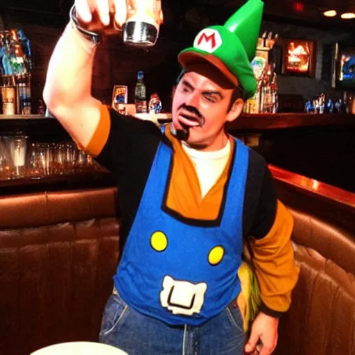 Image similar to super mario chugging a beer and getting drunk at a bar